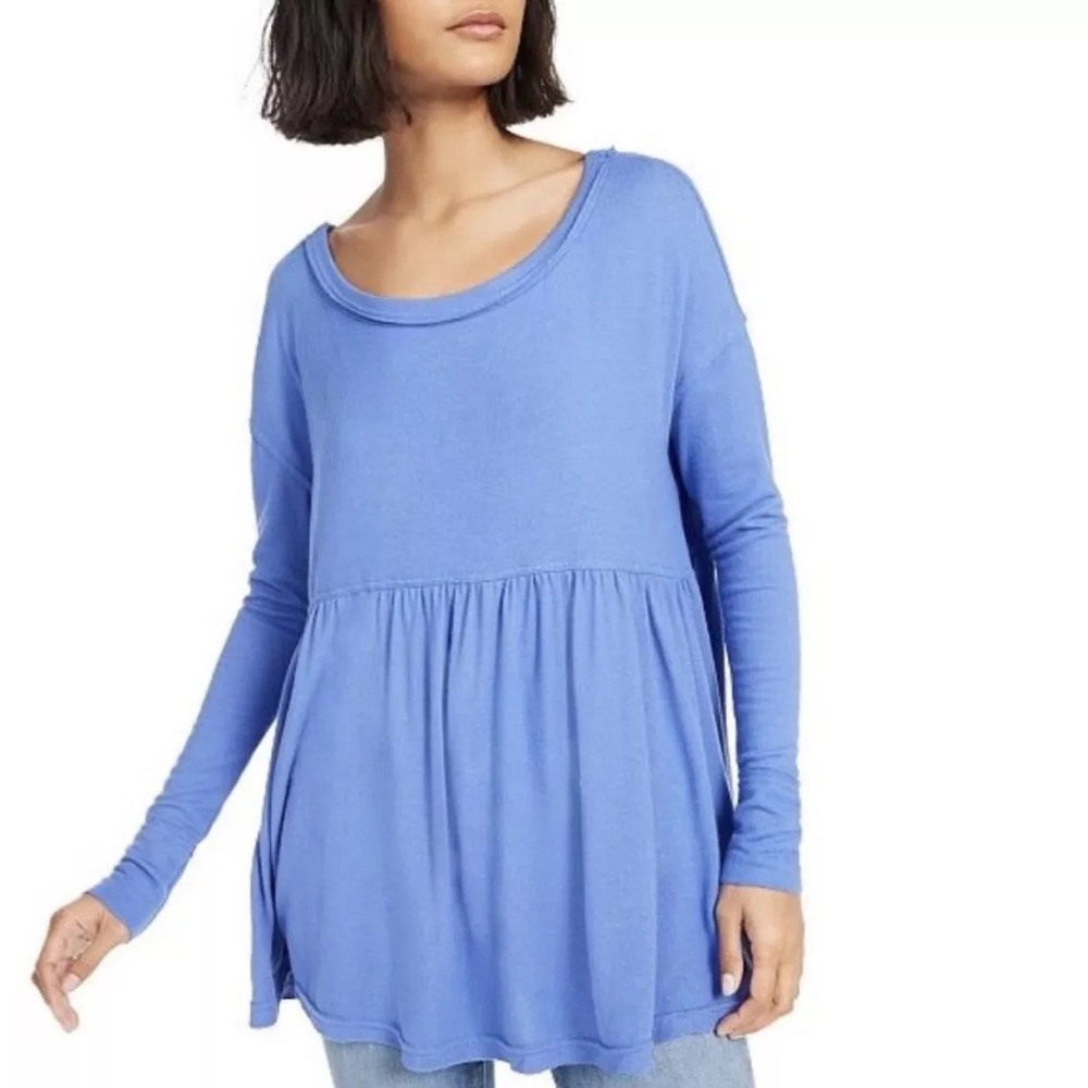 Free People forever your girl babydoll Tee Top Blue Size S Small NWT